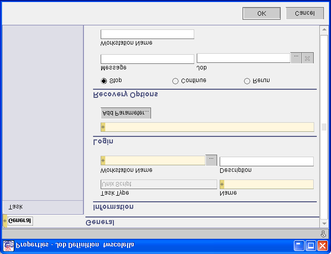 Criando uma definição de job Guia General O painel Properties - Job Definition é exibido. A Tabela 21 define as informações necessárias para criar uma definição de job. Tabela 21. Informações gerais de Properties - Job Definition Nesta área.