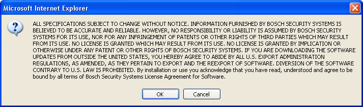 VG4 Sistema de Câmaras Modulares Utilização do sistema IP pt 63 4. Clique em OK para concordar com o Contrato de Licença do Software Bosch. Figura 8.4 Contrato de Licença Bosch para o Utilizador 5.