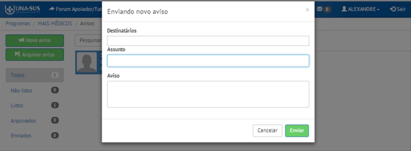 6º PASSO: NOTÍCIAS E AVISOS Clicando no ícone envelope, conforme figura abaixo, poderá publicar Notícias e Avisos aos participantes do Web Portfólio da sua Instituição Supervisora.