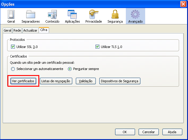 n) De seguida seleccione Opções do Firefox: o) Ir para a o menu Avançado, seleccionar o tab cifra e premir Ver