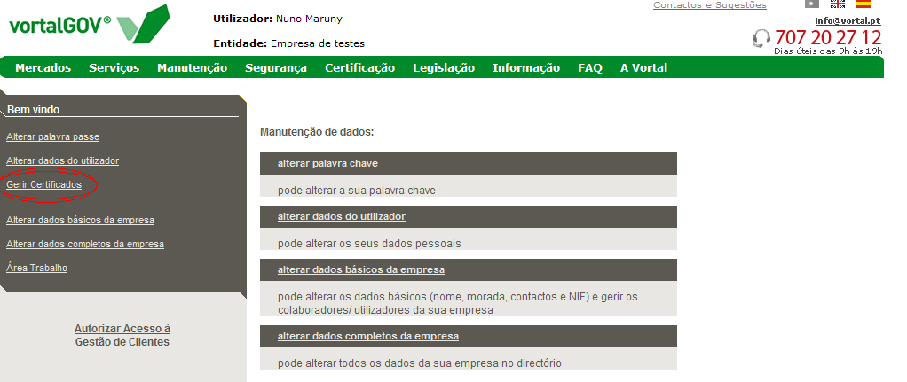 3. Escolha o certificado de autenticação da Vortal 4.