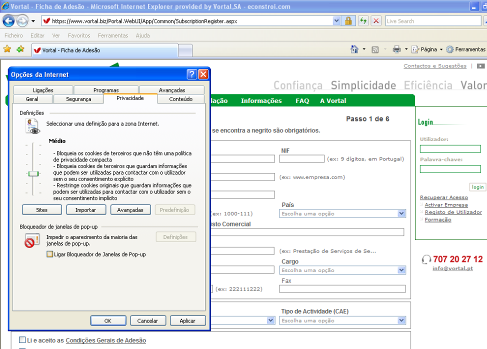 b) Clicar na pestana General (Geral) e em seguida na opção Settings (Definições) de forma a actualizar sempre o website a cada visita.