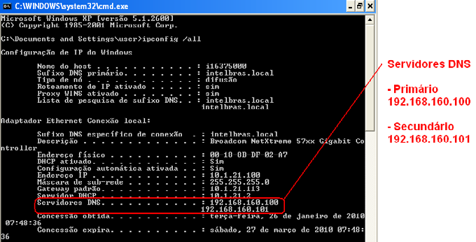 Para verificar qual endereço de servidor DNS utilizar, utilize um computador conectado à rede do DVR e siga o procedimento: 1. Clique em Iniciar>Executar, digite cmd e clique na tecla Enter; 2.