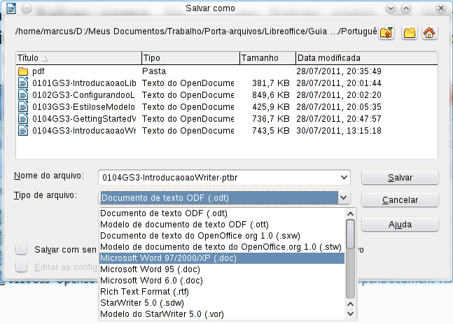 Trabalhando com documentos O Capítulo 1, Introdução ao LibreOffice, inclui instruções sobre como começar novos documentos, abrir documentos existentes, e salvar documentos.