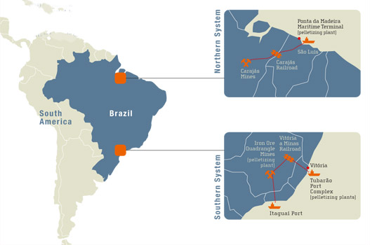 ILUSTRAÇÃO 3 Localização Sistemas da Empresa VALE Fonte: VALE 3.4.1.2. Samarco Mineração S/A Na região sudeste, destaca-se também o complexo mineral da SAMARCO Mineração S/A.