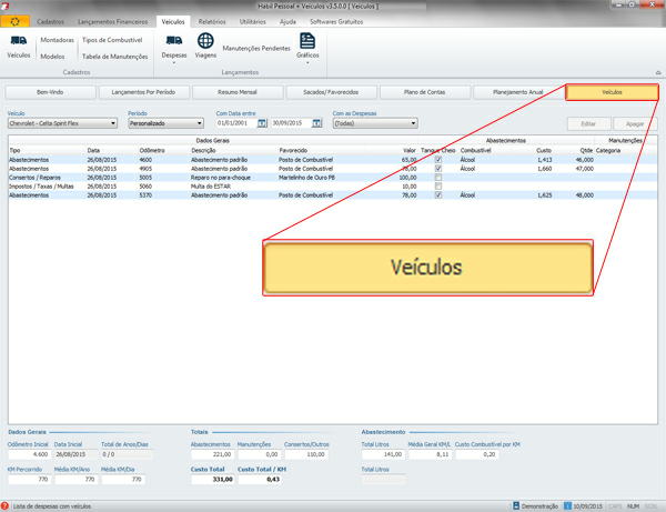 13 Ajuda do Hábil Pessoal + Veículos Na parte superior desta área, logo abaixo do botão Veículos existem vários campos que podem ser usados para filtrar os lançamentos que serão listados.