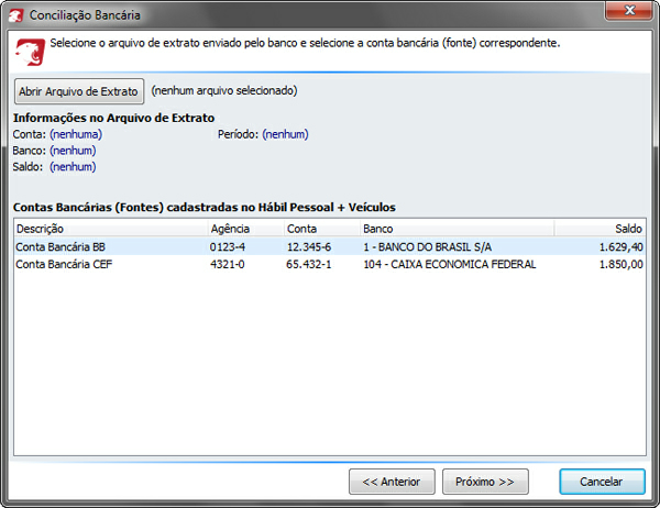Usando o Hábil Pessoal + Veículos 68 Depois de abrir o arquivo de extrato, selecione uma das contas bancárias listadas na