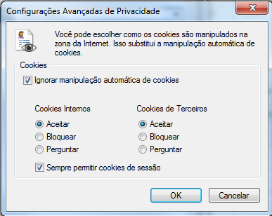 2.2 Clique na aba Privacidade e depois selecione o item Avançado. 2.3 Marque a opção Ignorar manipulação automática de cookies. 2.4 Dentro de Cookies Internos selecione a opção Aceitar.