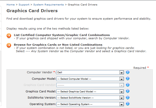 Neste link é possível selecionar os fabricantes e os modelos de computadores e placas gráficas homologados pela SolidWorks Corp.