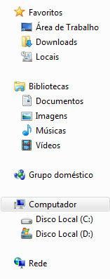 WINDOWS EXPLORER (Windows 7) Está dividido em várias partes. A porção da esquerda mostra a biblioteca, que pode incluir seus arquivos, suas músicas, filmes e imagens.