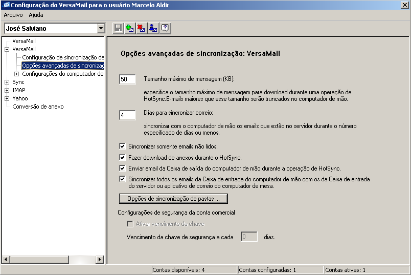 Sincronização de emails entre o computador de mão e o de mesa Dias para sincronizar correio Defina quantos dias, entre 0 e 999, o email deve ser sincronizado.