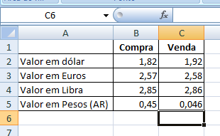 Faremos uma planilha para conversão de valores, então na planilha 1 vamos ter um campo para que se coloque o valore em real e automaticamente ele fará a conversão para outras moedas, monte a seguinte