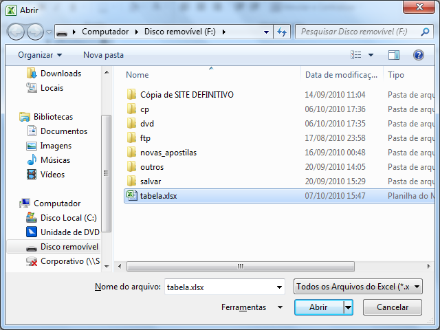 em tipo definir como Pasta de Trabalho do Excel 97 2003. Para abrir um arquivo existente, clique no botão Office e depois no botão Abrir, localize seu arquivo e clique sobre ele e depois em abrir.