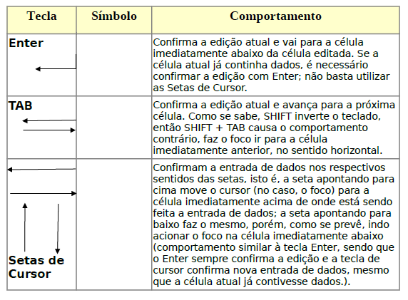 Comportamento das teclas Convencionais / Especiais As teclas TAB, Enter e Setas de Cursor, quando utilizadas em edição de dados, apresentam comportamento um pouco diferente do convencional.