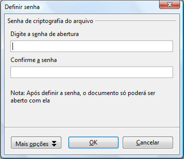 Figura 12: Colocando uma senha em um documento O Writer e o Calc possuem uma proteção de segundo nível, que permite que um arquivo seja lido, mas não alterado sem uma senha; ou seja, o arquivo abre