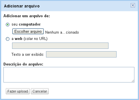 1 Atribuímos um nome a página (no exemplo Arquivos ), e então adicionamos um arquivo.. 2 Buscamos o arquivo com o botão Escolher arquivo. Podemos completar pondo uma descrição do arquivo.