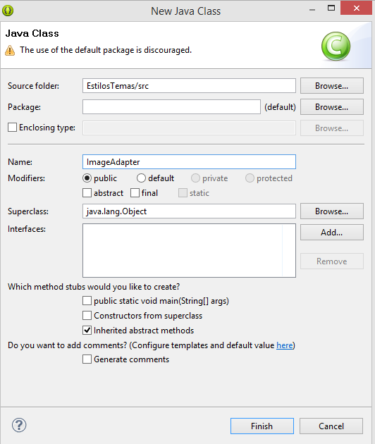 Galeria de imagens Em seguida dê um nome a esta classe. Iremos chama-la de ImageAdapter. Em seguida clique em FINISH.