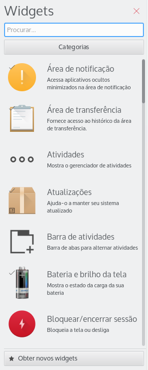 O botão para Obter novos widgets permite-lhe adicionar widgets que tenha baixado anteriormente e baixar novos widgets do Plasma.