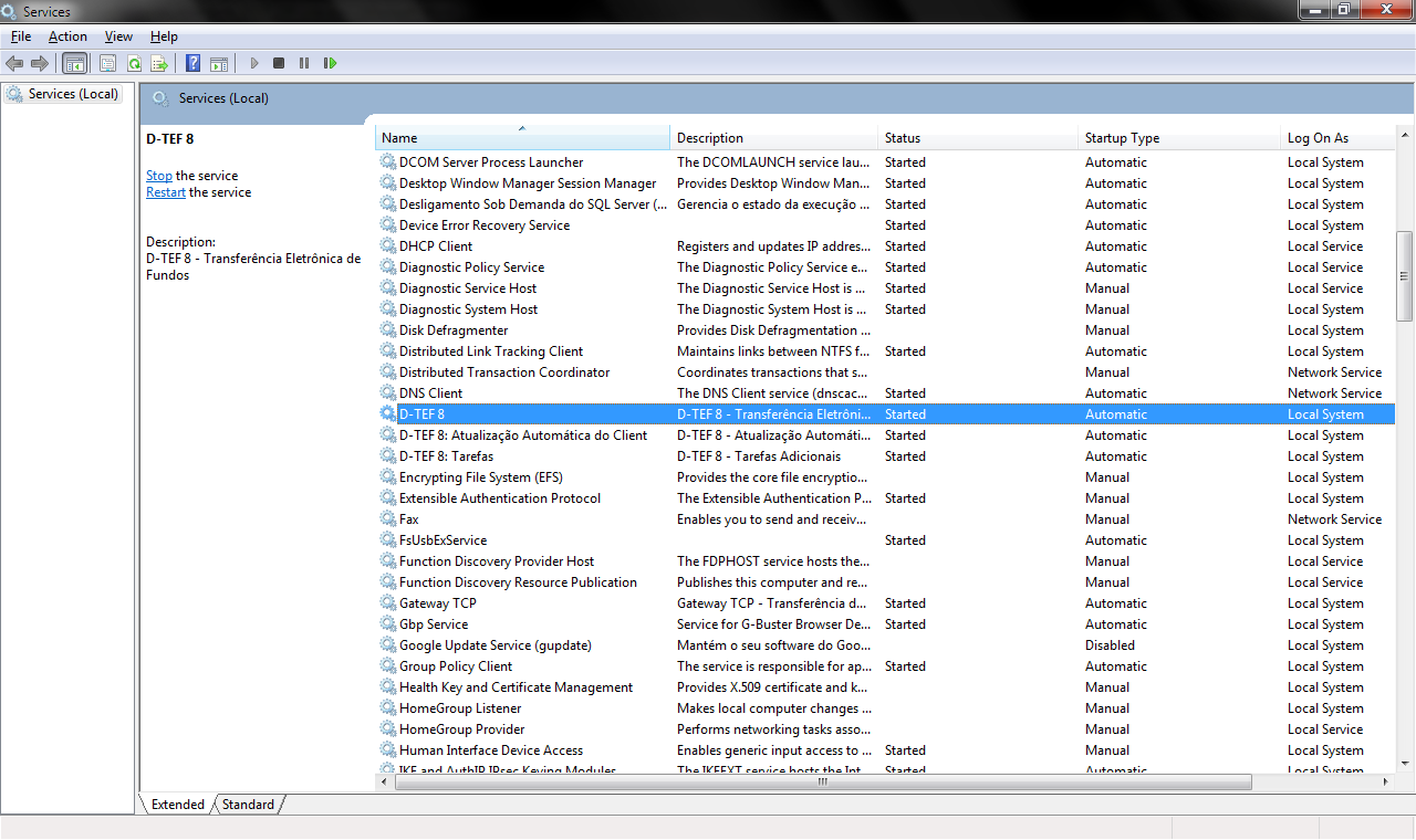 Repare que neste menu não temos nenhuma rede amostra no menu selecionado, sendo assim vamos REINICIAR o serviço do D-TEF8 nos serviços do Windows.