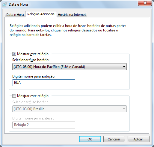 Painel de Controle Data e Hora O Windows pode exibir até três