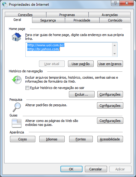 Podemos configurar algumas propriedades do uso da internet como definir a Home page Configurar histórico de navegação