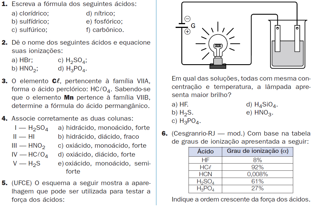 Para comparar os graus de ionização (α), devemos medir a condutibilidade das soluções aquosas dos ácidos: Oshidrácidosmais conhecidos são assim classificados: A força dos oxiácidospode