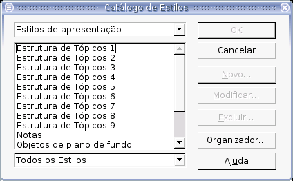 21.9.1 Criando um novo estilo 1. Selecione a opção CATALOGO DE ESTILOS no menu FORMATAR; 2. Clique em NOVO; 3.