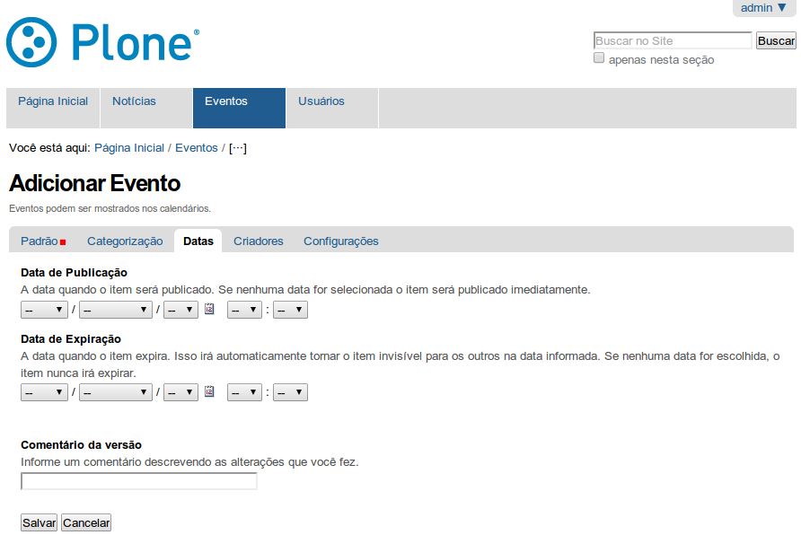 Ao fazer isso, o site exibe um formulário que permite configurar um título, o local do evento, data de início e fim do evento, participantes, página do evento, nome, email e telefone de contato para