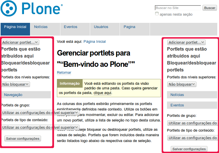 6 O que são portlets Portlets são pequenas janelas que, por padrão, podem ser adicionadas ao lado direito e esquerdo do site.