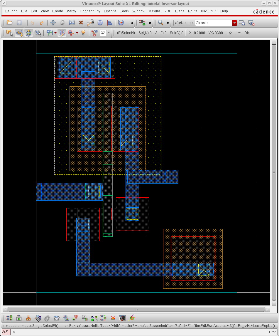 Figure 26: Layout final inversor Terminado o layout partimos para a etapa de verificacao. Comecamos com o DRC (Design Rule Checking) que verifica quais regras de layout foram descumpridas.