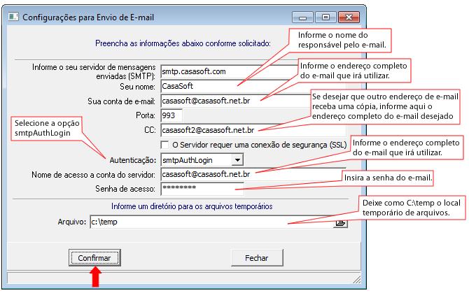Clique no botão Configurações do e-mail, para configurar o seu e-mail padrão que servirá para envio dos links das notas fiscais aos proprietários: Defina qual será o seu endereço de e-mail padrão que