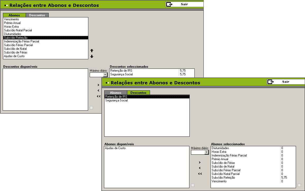 12 SALÁRIOS A relação entre abonos e descontos pode ser estabelecida de duas maneiras: - Atribuindo a cada tipo de abono os tipos de desconto que lhe são inerentes; - Atribuindo a cada tipo de