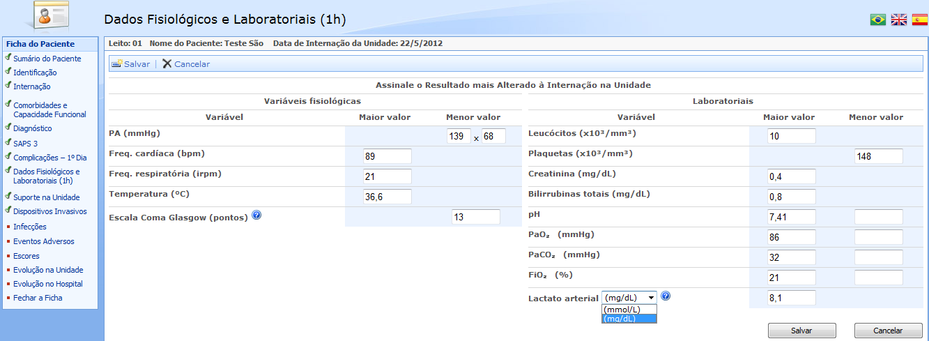 Dados Fisiológicos e Laboratoriais (1ª hora) Devem ser inseridos nesta aba