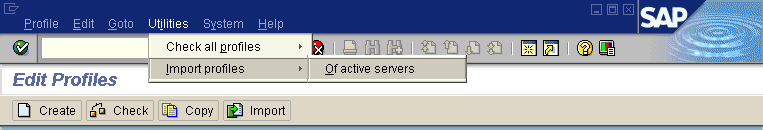 Configurar os perfis do R3 Usar a transação RZ10. Pelo menu : Utilities > Import profiles > Of active servers Neste processo iremos importar os profiles e ativá-los no servidor.