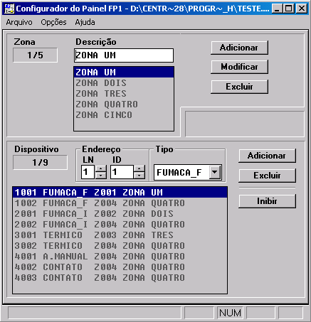 Uma lista com todos os tipos de dispositivos e demais informações aparecerão no quadro inferior da tela e no quadro superior, a listagem de zonas ou linhas configuradas pela central.