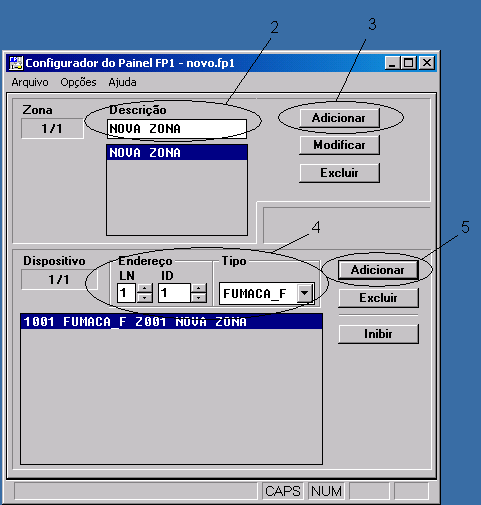 7. CRIANDO O PROJETO DE CONFIGURAÇÃO 7.1- No menu Arquivo clicar em novo; 7.2- No campo Descrição, digitar o nome da zona lógica a ser criada. Obs.