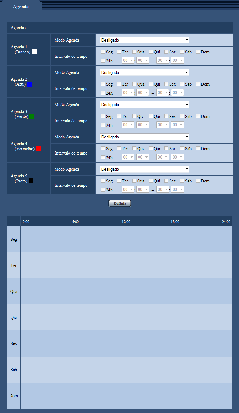 18 Configuração dos ajustes relativos às programações [Agenda] Até 5 programações podem ser implementadas. 1. Selecione uma ação a ser atribuída à programação de Modo Agenda.