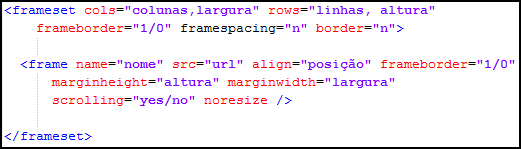 Para utilizar o recurso de frames, é preciso um conjunto de tags. Cada uma com sua função: FRAMESET é utilizada para criar um conjunto de frameset seus elementos.
