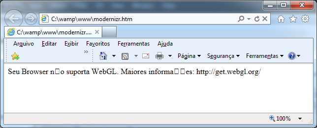 No Firefox: No Internet Explorer: A postura da Microsoft é a de que o WebGL é inseguro e, portanto, não implementará no Internet Explorer.