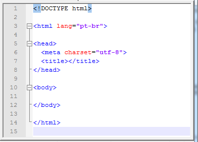 Agora, a estrutura básica de um documento HTML5: Essa é basicamente a estrutura usada para os sites/aplicações HTML5 neste curso.