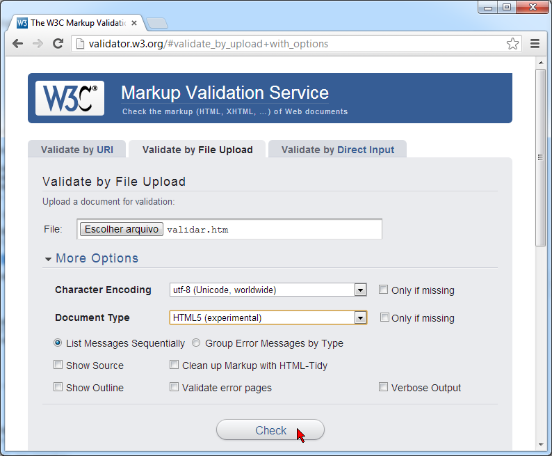conter menos recursos para evitar os erros). Por isso, validar é sempre uma boa prática. Existem duas ferramentas para validação: Validador oficial da W3C - http://validator.w3.