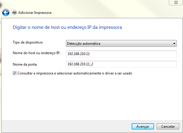 5 - Na próxima janela que será aberta, no campo Tipo de dispositivo selecione a opção Dispositivo TCP/IP, em Nome do host ou endereço IP digite o IP que a