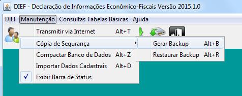 104 26 CÓPIA DE SEGURANÇA Para gerar a cópia de segurança da base de dados, há três opções: Menu Manutenção Cópia de Segurança Gerar Backup; Figura 82- Menu Cópia de Segurança Clicar no