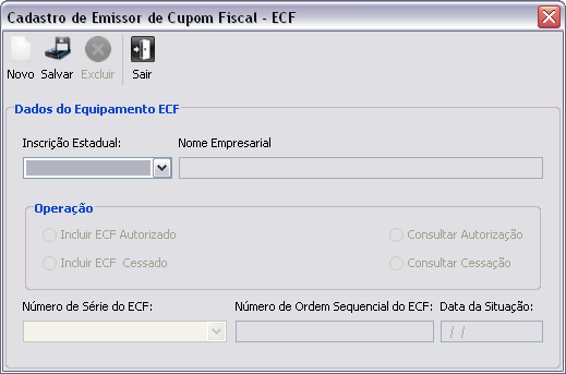 Figura 28- Cadastro de Emissor de Cupom Fiscal - ECF a) Operação: assinalar o procedimento a ser efetuado conforme o caso (inclusão ou cessação de ECF).