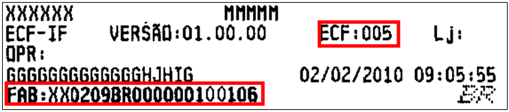 27 Figura 30- Exemplo de Rodapé de Redução Z No exemplo da figura 30, o número de Ordem Sequencial do ECF é 005 e o número de série é XX0209BR000000100106, conforme destaques em vermelho. 21.