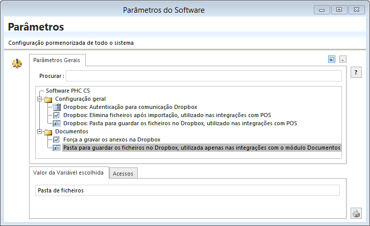 Para este efeito, está disponível no ecrã de Seleção de Anexos a opção: "Gravar o ficheiro na Cloud (Dropbox)" que quando ativa permite gravar o anexo no Dropbox na pasta indicada no parâmetro do