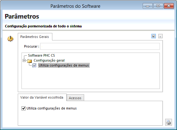 Acesso à Configuração dos Parâmetros O acesso à configuração dos parâmetros está disponível com PHC On ativo e permite não só dar acesso à tabela de Parâmetros, como também definir acessos por