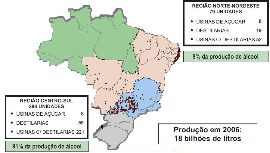 Figura 1: Mapa de localização das usinas no Brasil Fontes: MME, MAPA, UNICA (2007) Vale citar que o Centro de Tecnologia Canavieira, entre outras instituições, avaliou o impacto da colheita de cana