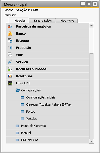 3. Configurações 3.1. Menu Principal O CT-e UNE criará no menu principal do SAP Business One um novo módulo. Figura 3.