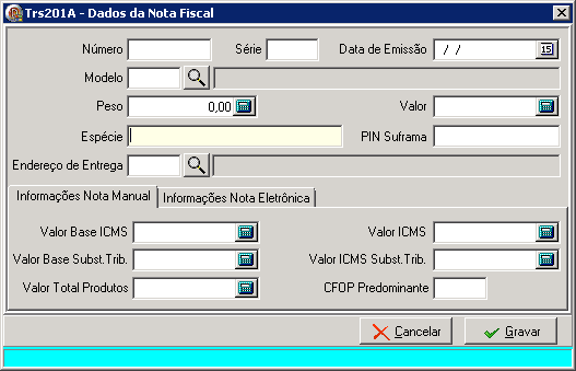 As informações de dados da nota fiscal são obrigatórios para transmissão do CTe. Incluir Alterar Excluir Exibe o formulário de inserção de dados da nota fiscal.